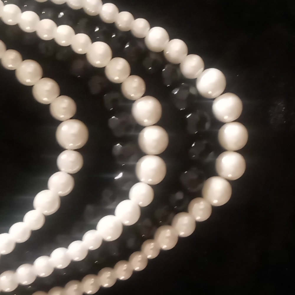 5 Strand Pearl & Black crystal Cut Beaded Necklace 22-26 In. Long